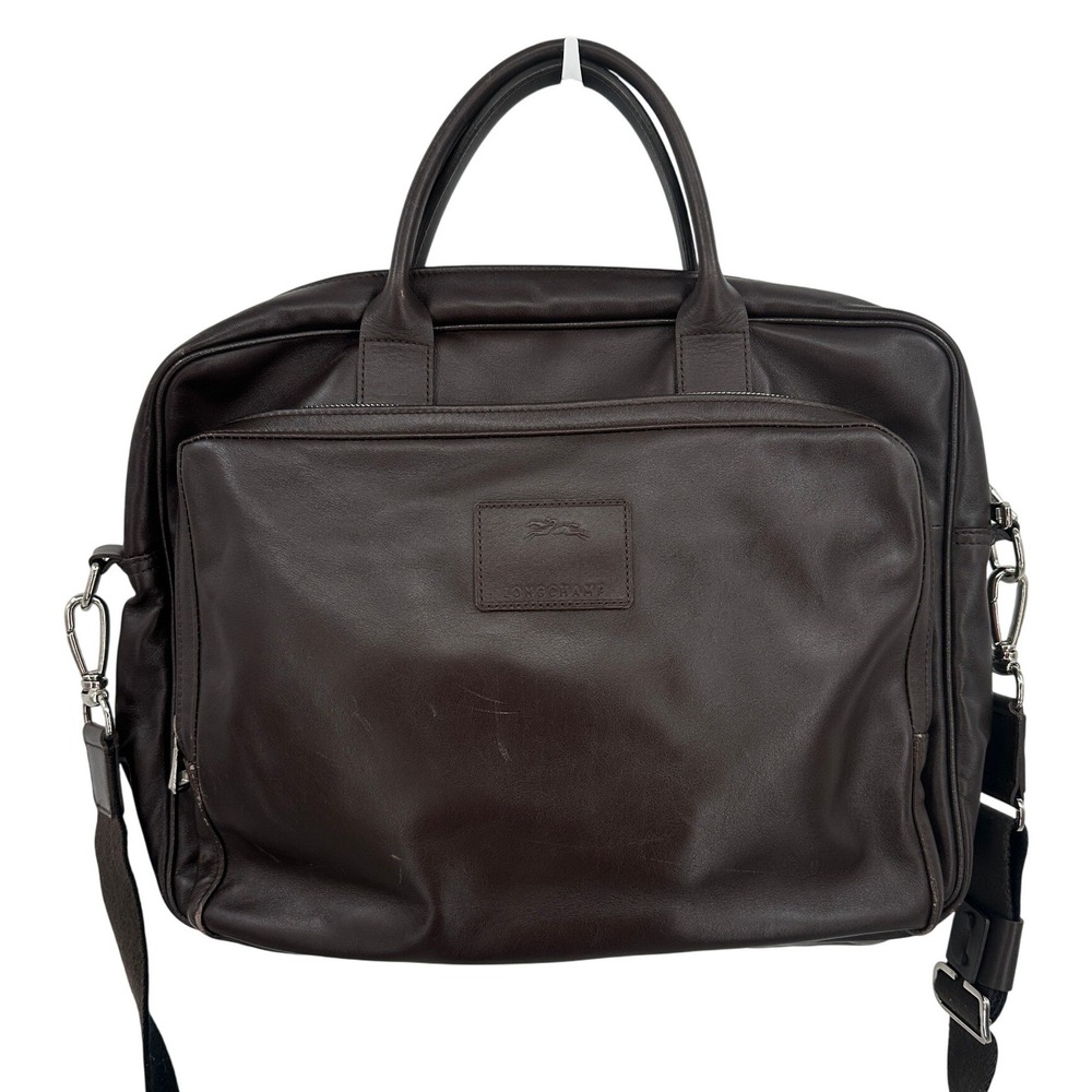 Longchamp Brown Leather Briefcase Laptop Bag Messenger Crossbody Satchel RARE‎